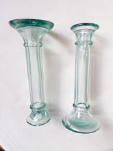 Load image into Gallery viewer, Pair of Aqua Glass Candle Holders