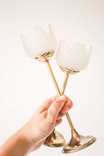 Load image into Gallery viewer, Brass and Frosted Glass Flower Candle Holders