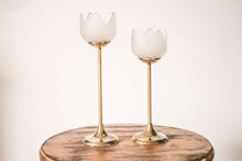 Load image into Gallery viewer, Brass and Frosted Glass Flower Candle Holders