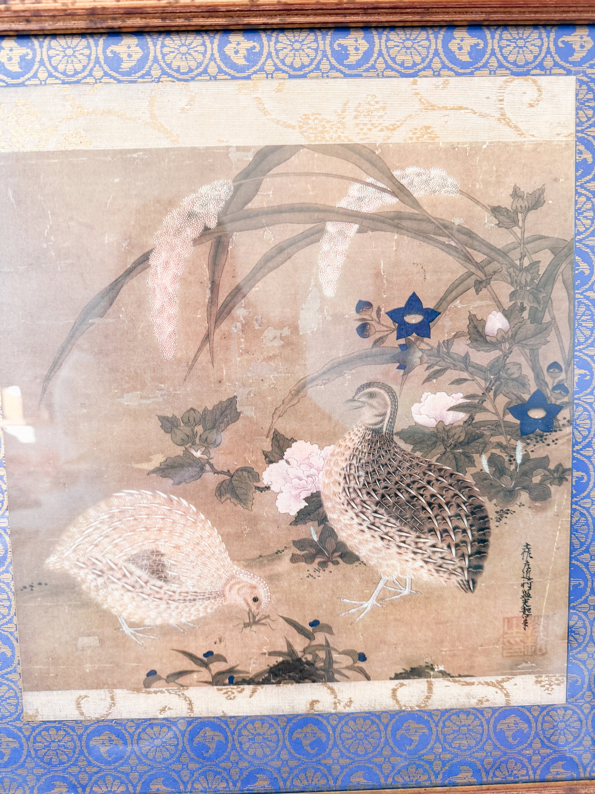 Quails and Flowers Framed Print