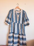 Blue and White Tiered Midi Dress - Size M