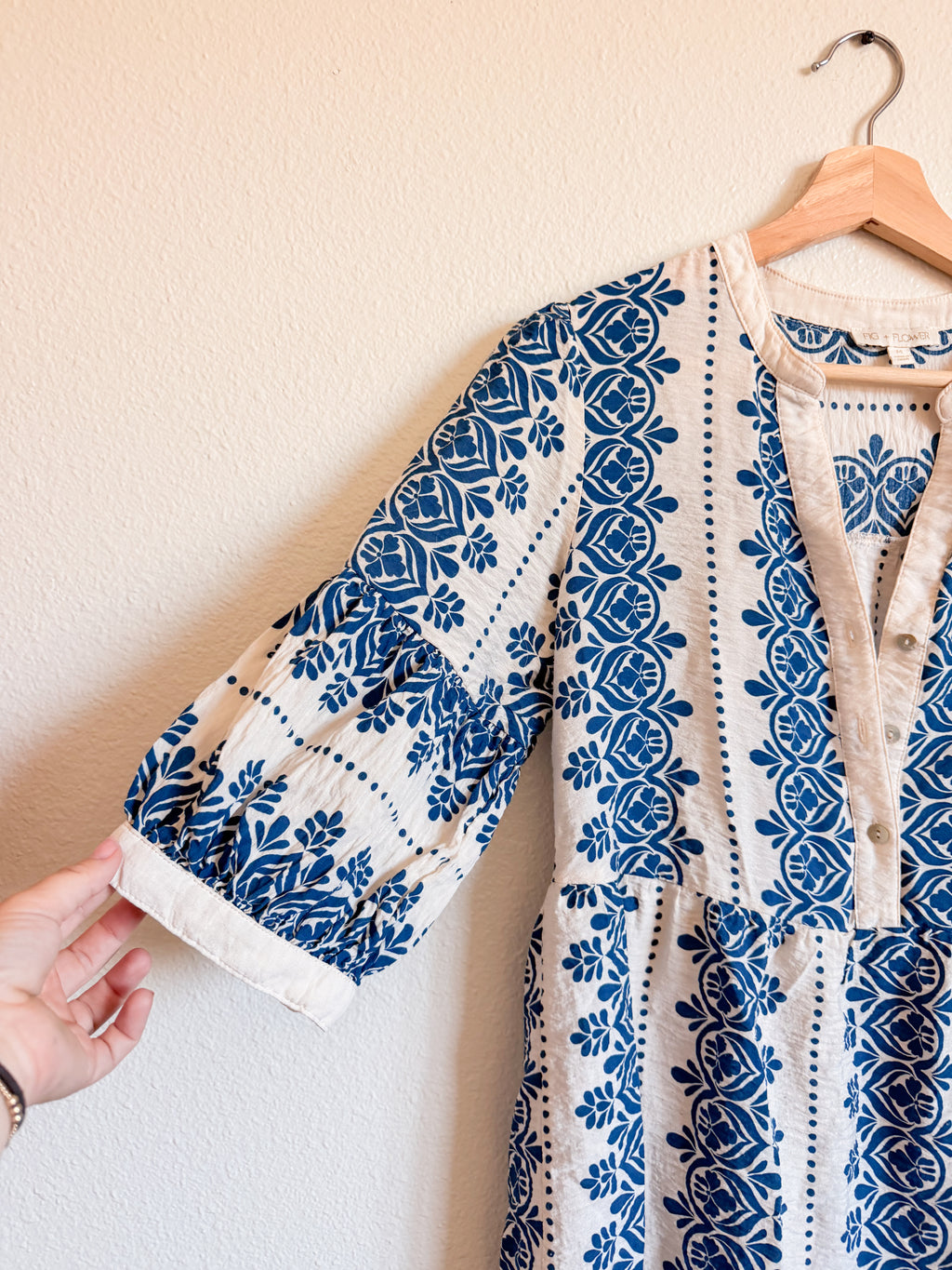 Blue and White Tiered Midi Dress - Size M