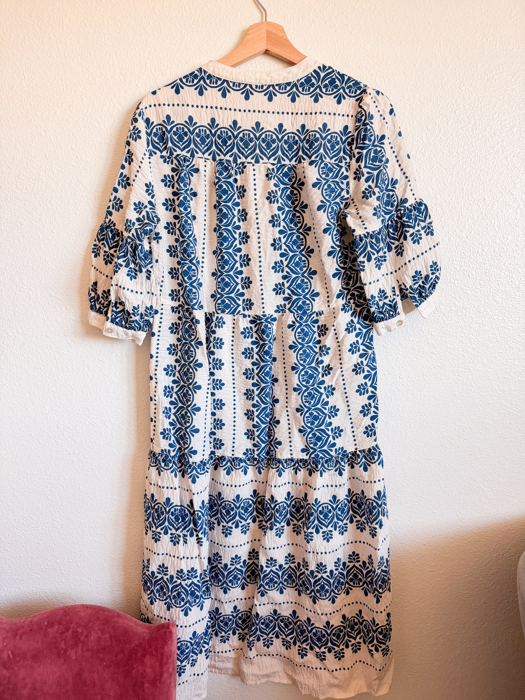 Blue and White Tiered Midi Dress - Size M