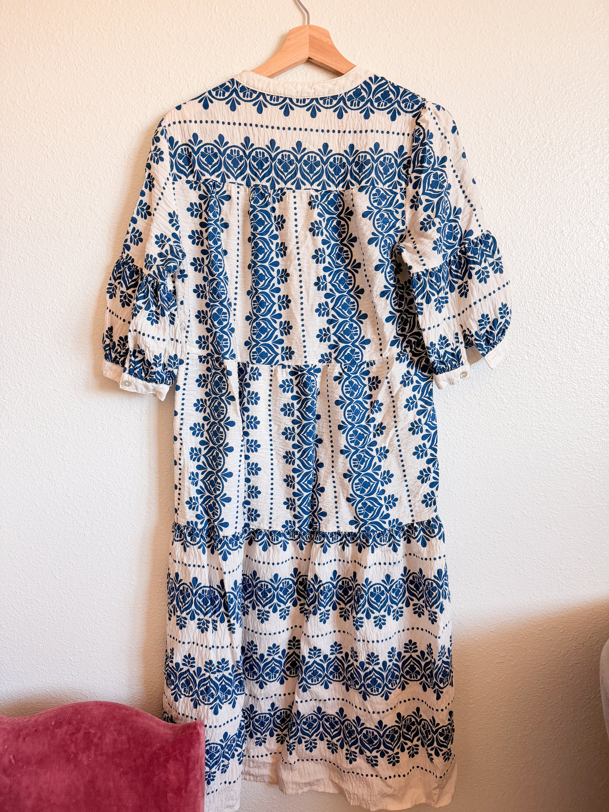 Blue and White Tiered Midi Dress - Size M