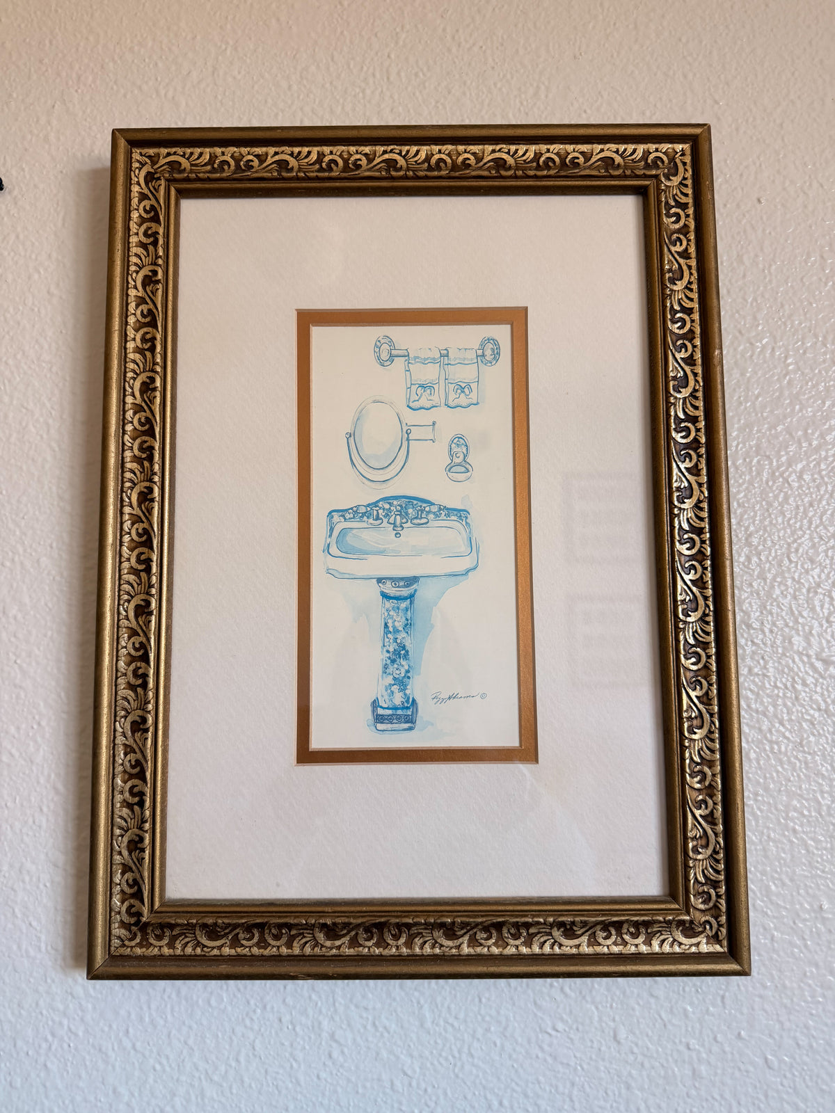 Blue and White Framed Bathroom Print