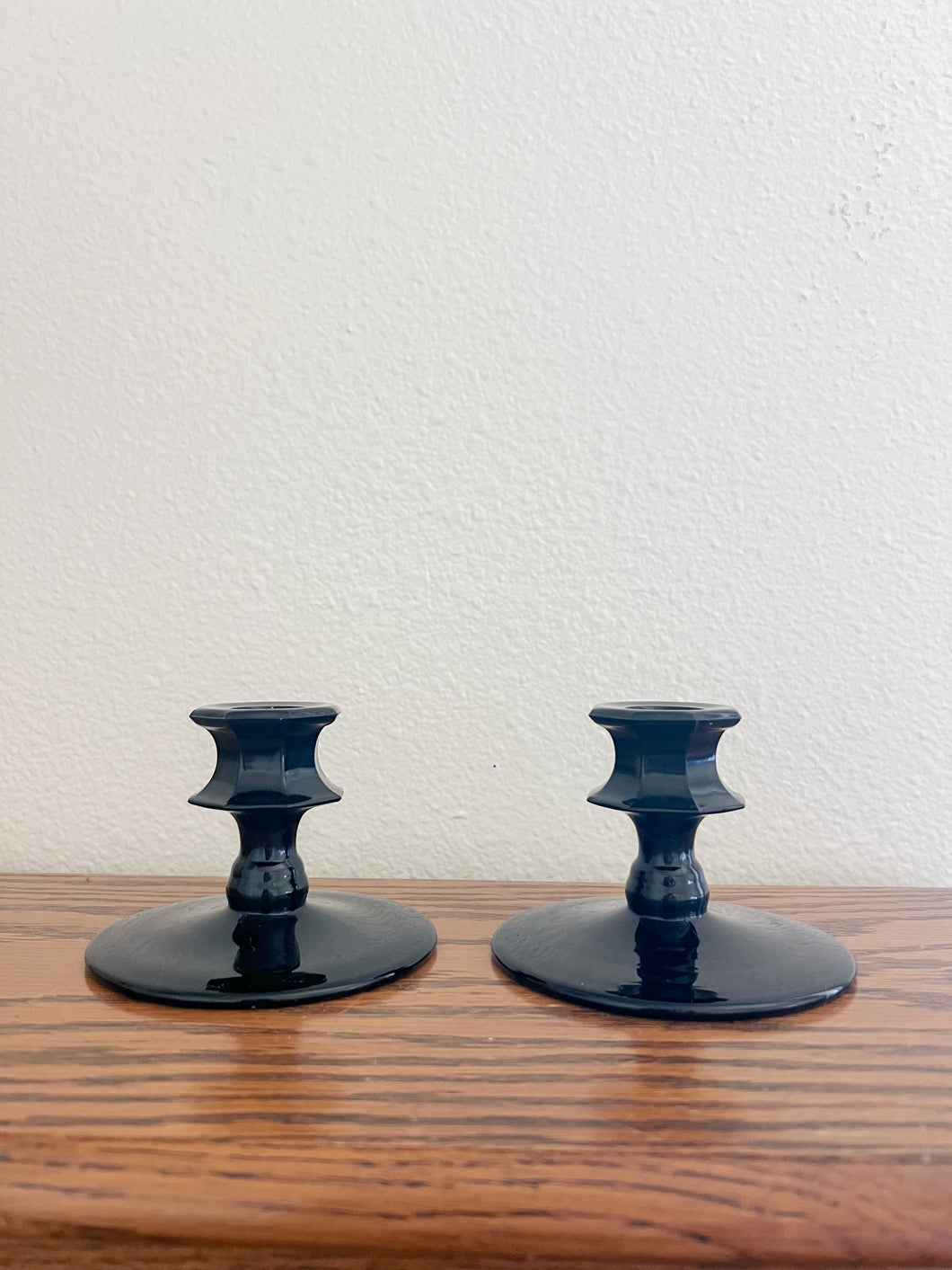 Pair of Black Glass Candle Holders