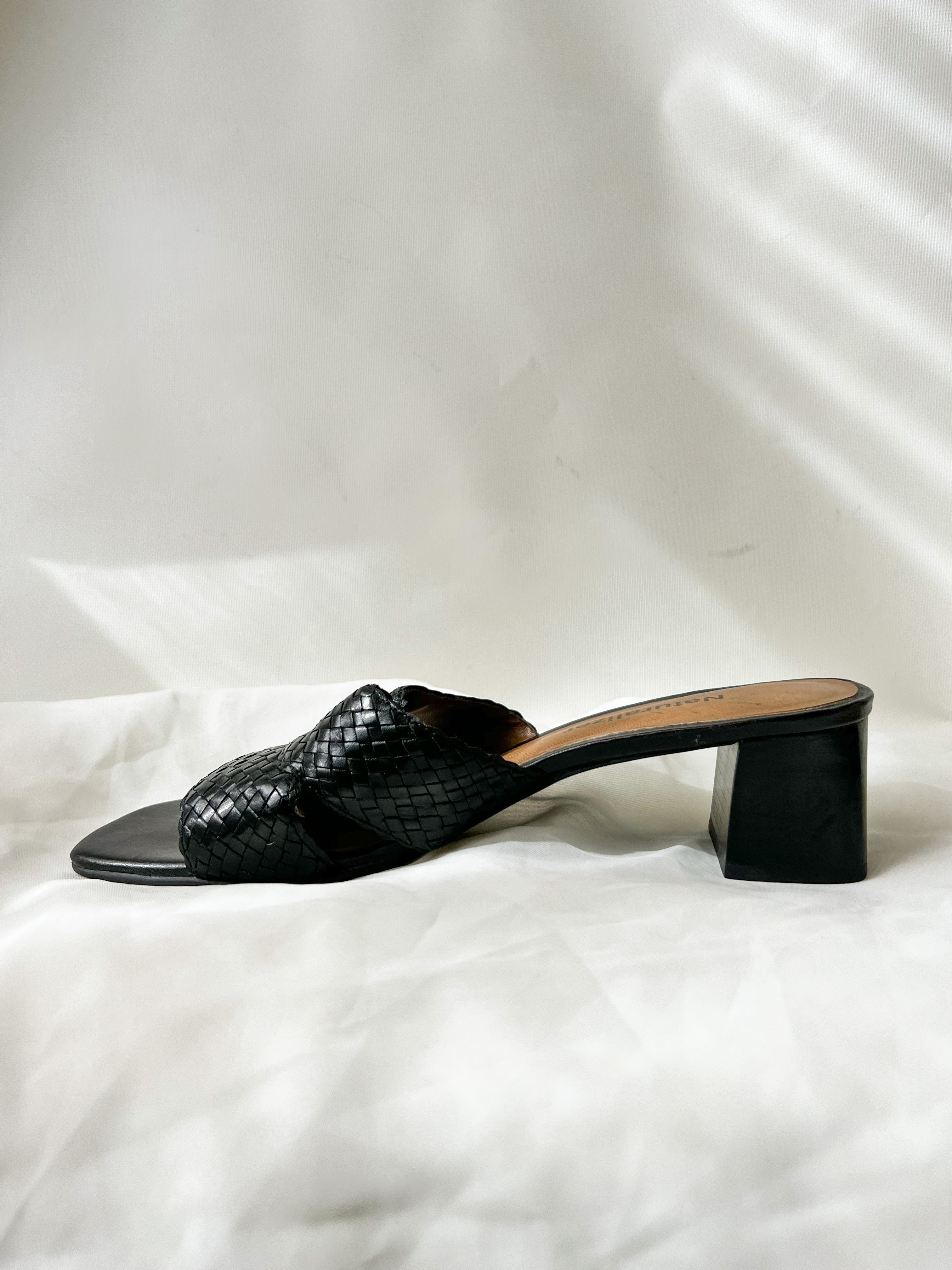 Black Weave Block Heels - Size 7.5