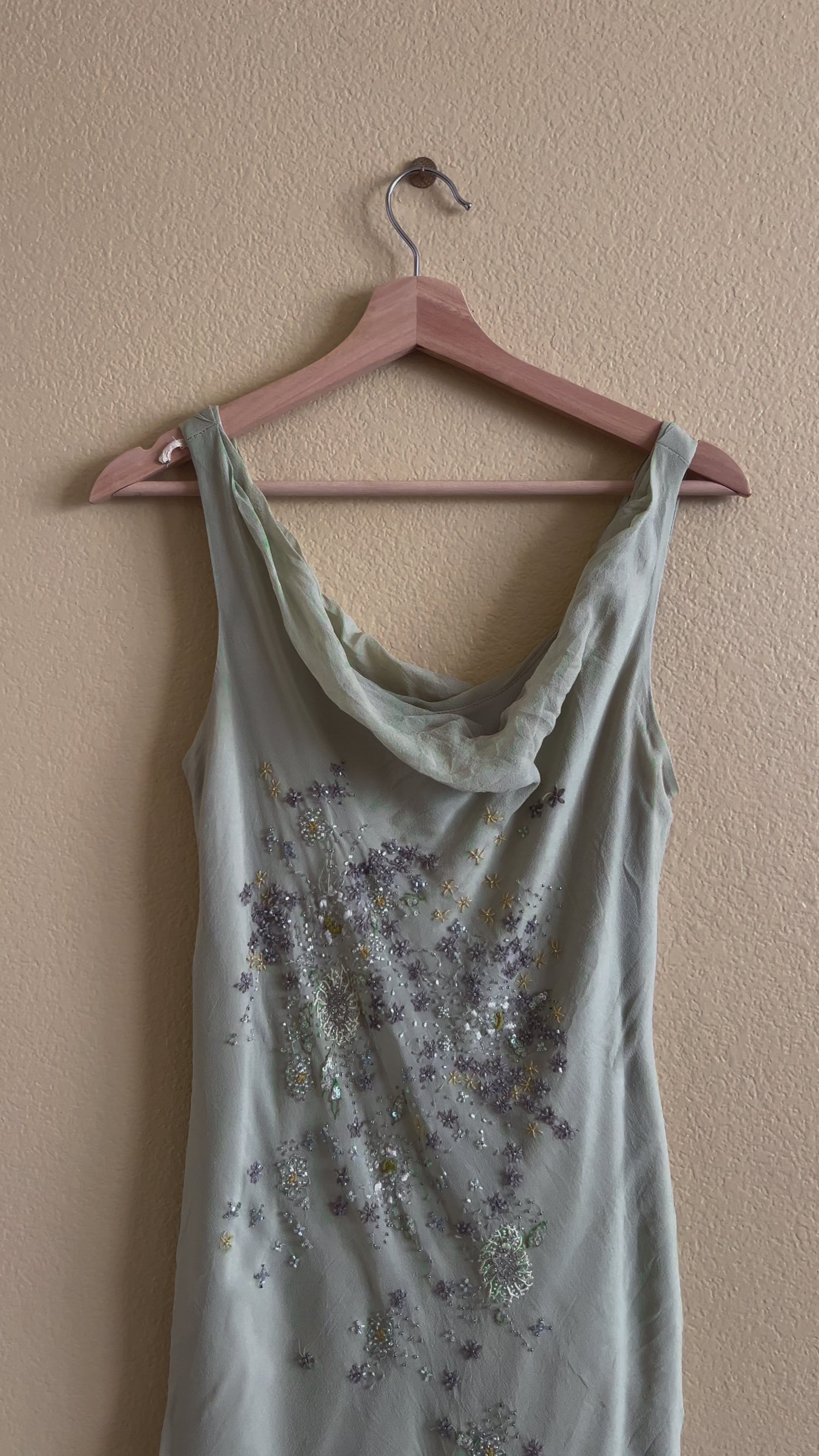 Pale Green Beaded Cowl Neck Dress - Size 12