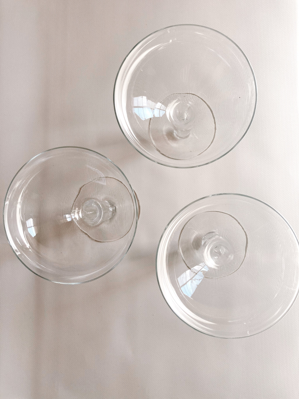 Three Mid Century Hollow Stem Champagne Glasses