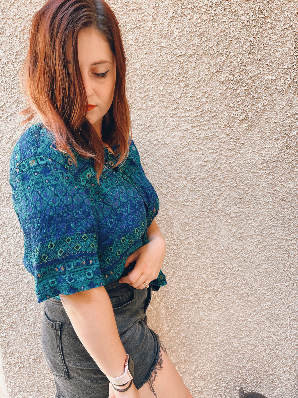 Tropical Blue Button Up- Size L
