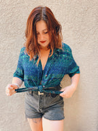 Tropical Blue Button Up- Size L