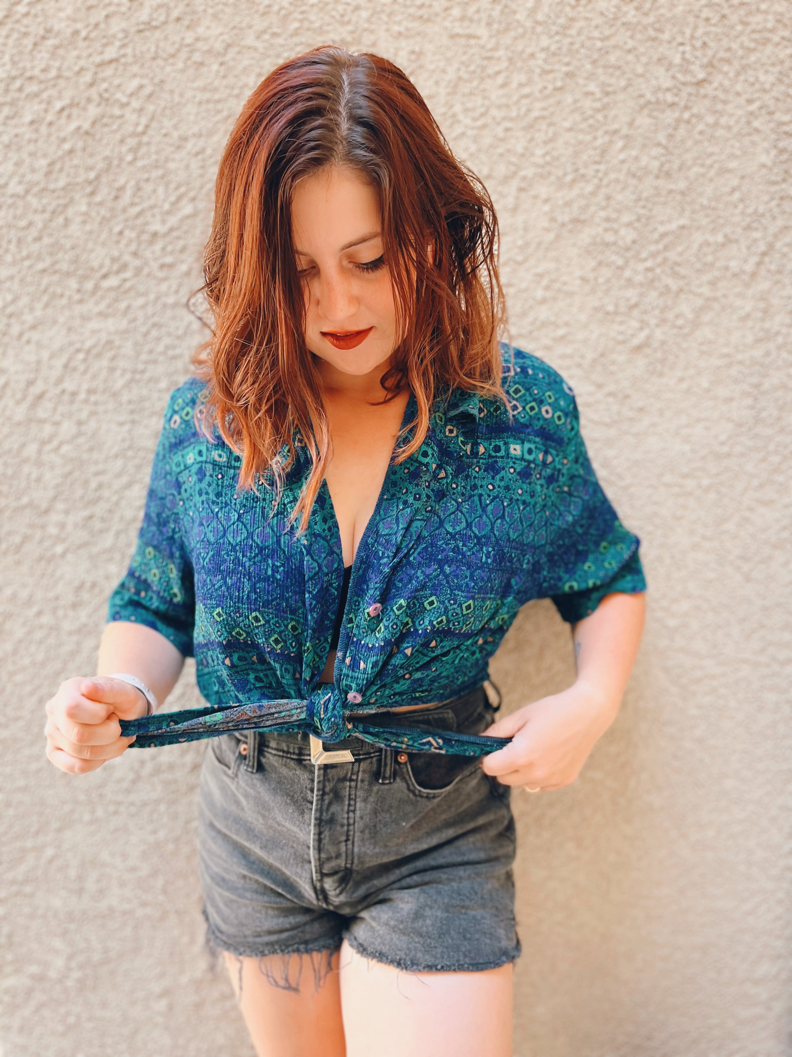 Tropical Blue Button Up- Size L