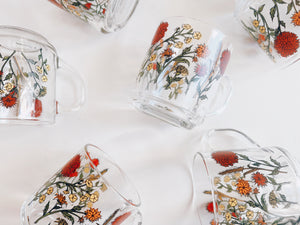Set of 6 Glass Wildflower Coffee Mugs