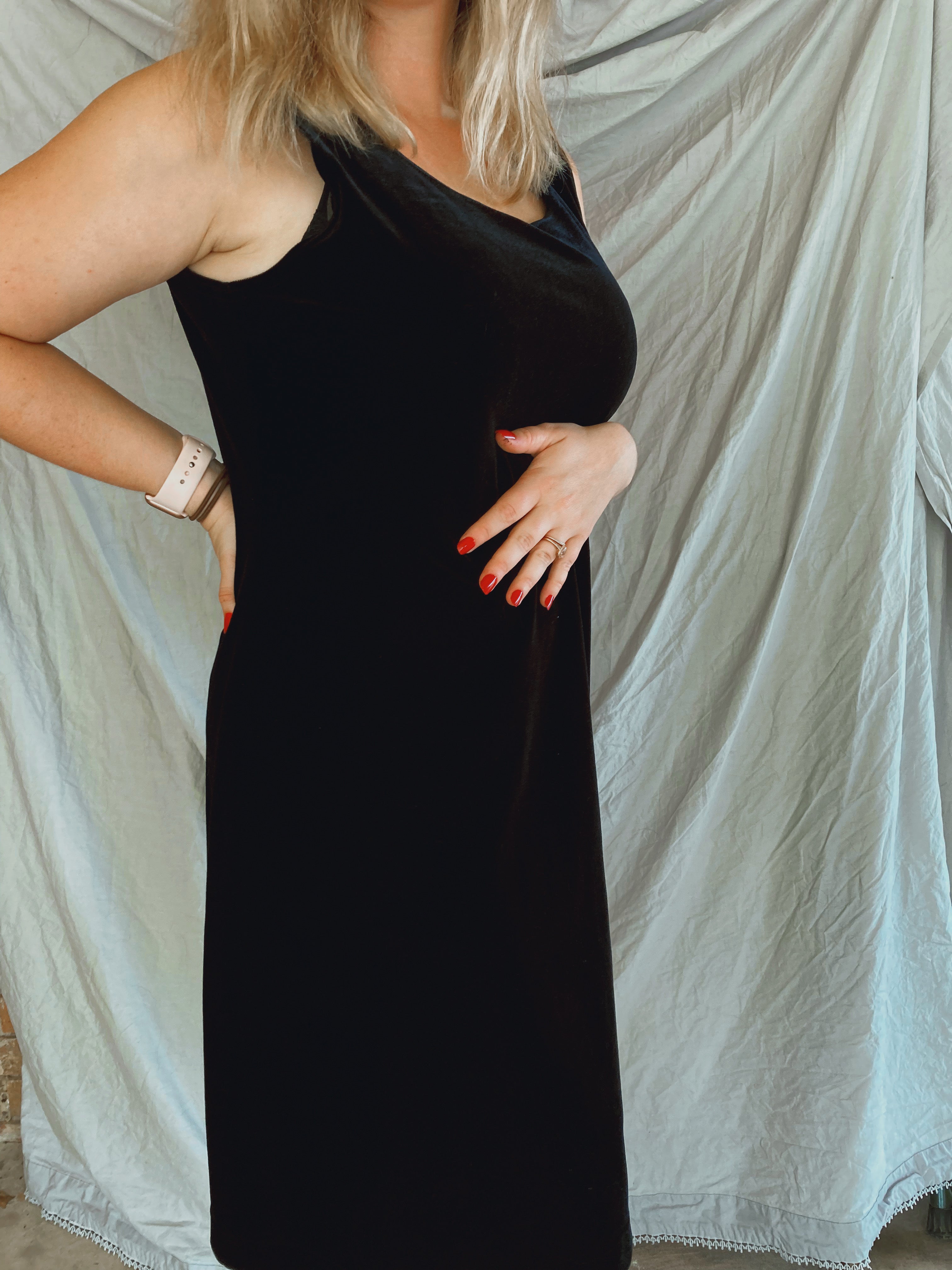 Black Velvet Midi Dress - Size 14