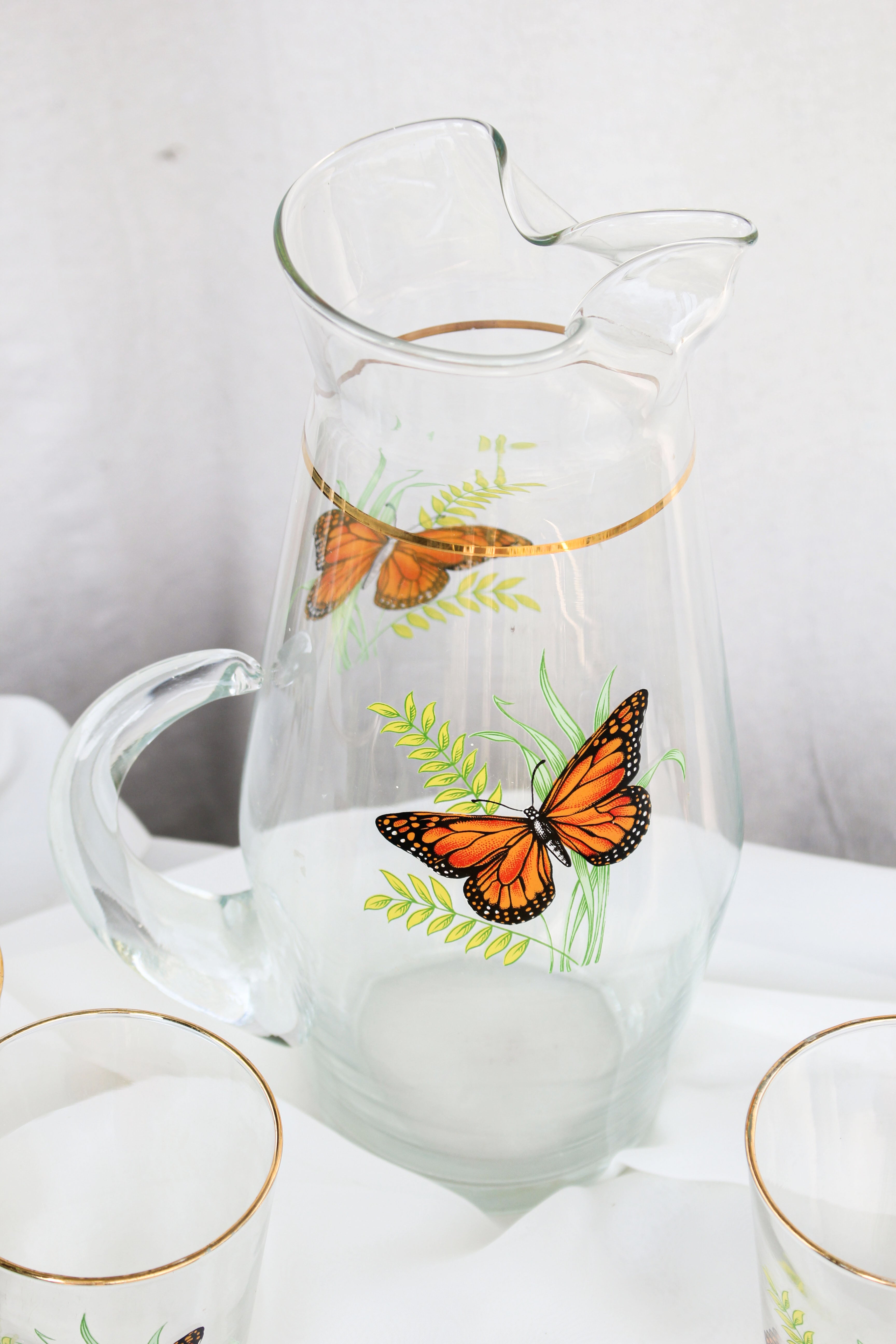 Butterfly Pitcher and Trio of Glasses
