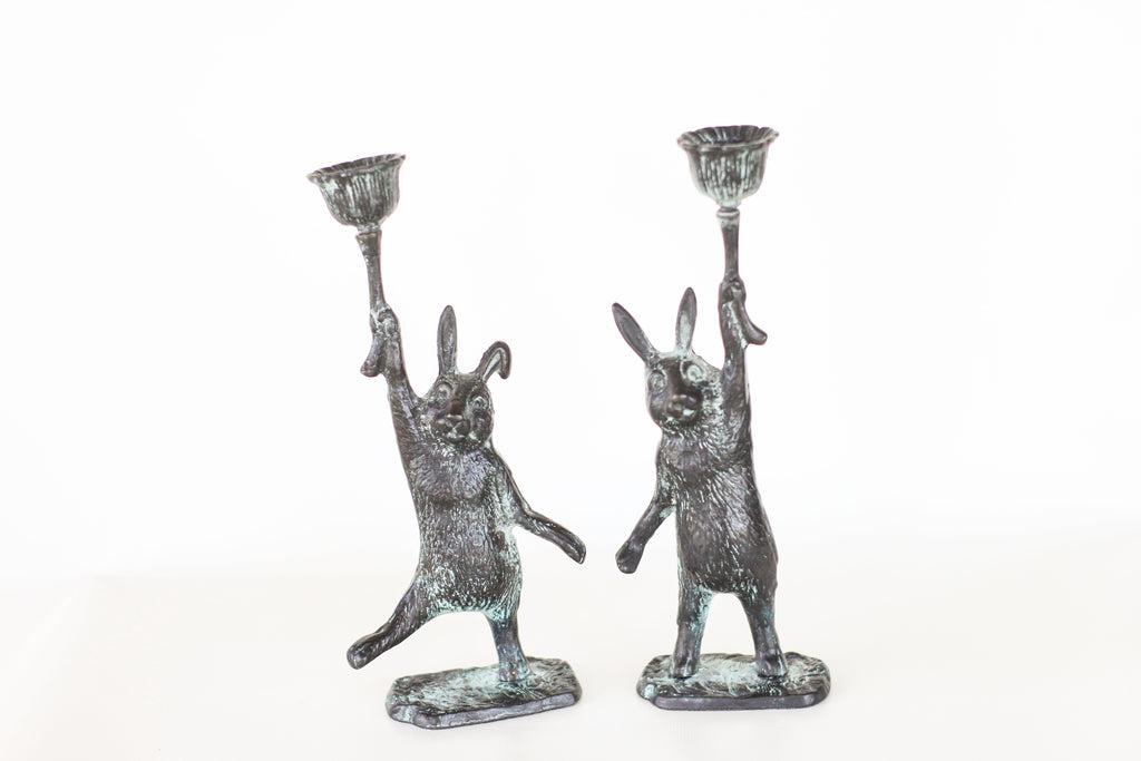 Pair of Cast Iron Rabbit Candle Holders