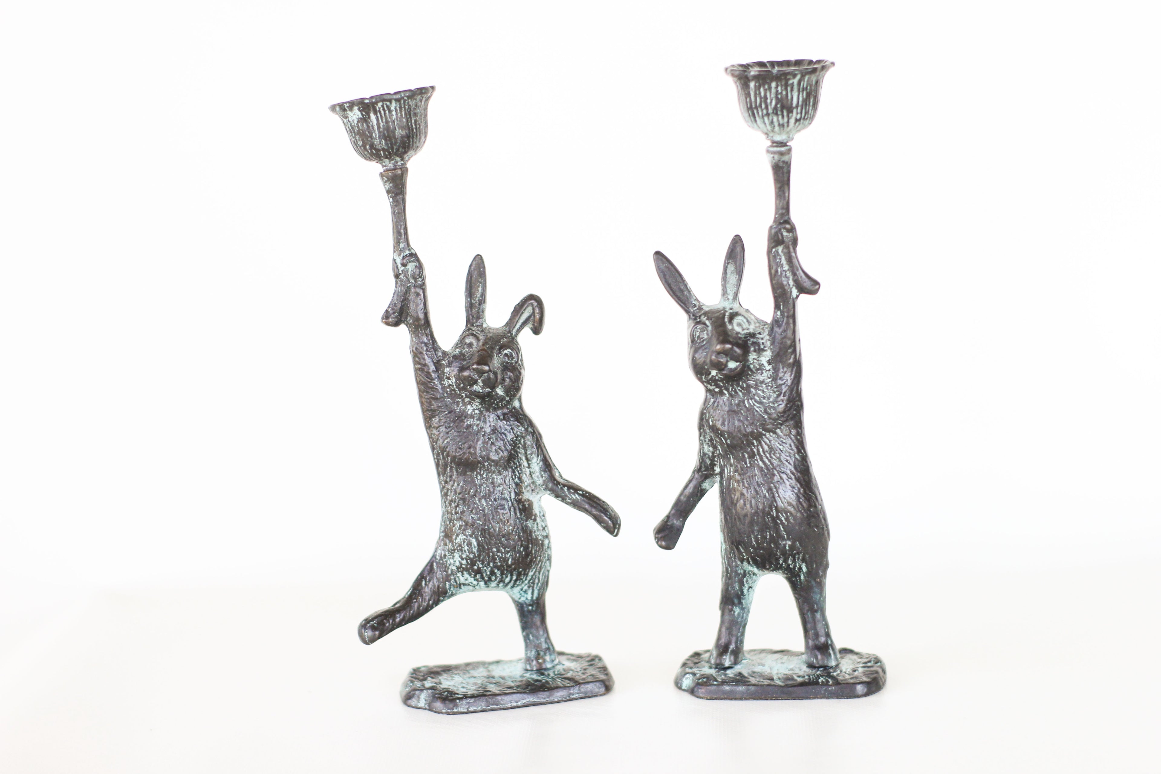 Pair of Cast Iron Rabbit Candle Holders