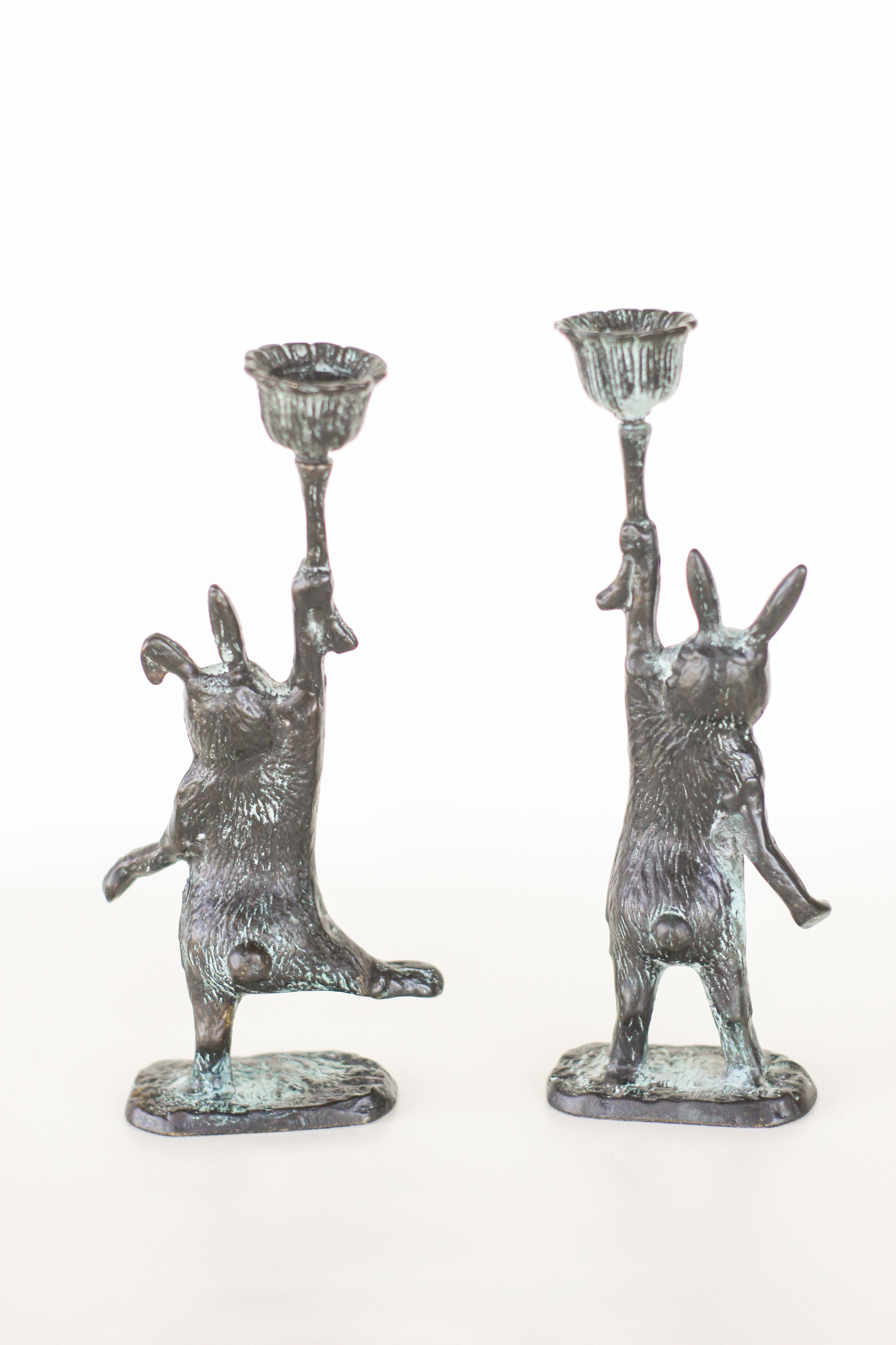 Pair of Cast Iron Rabbit Candle Holders