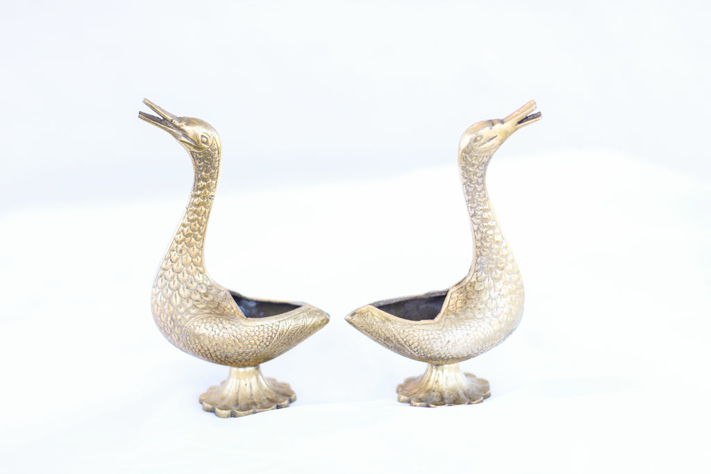 Pair of Brass Geese Incense Holders