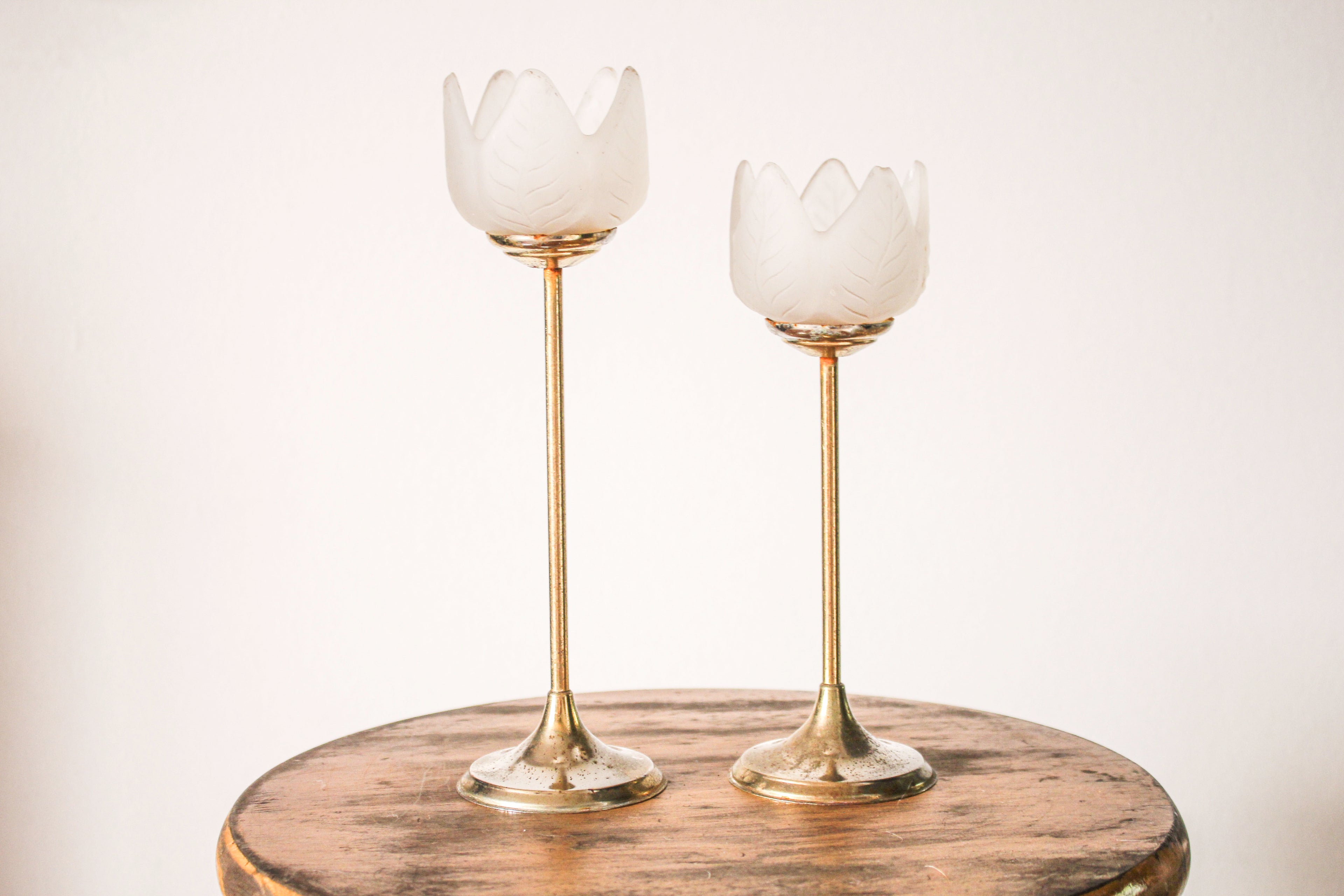 Brass and Frosted Glass Flower Candle Holders