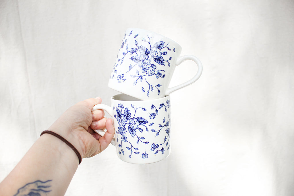 Pair of Blue and White Floral Mugs