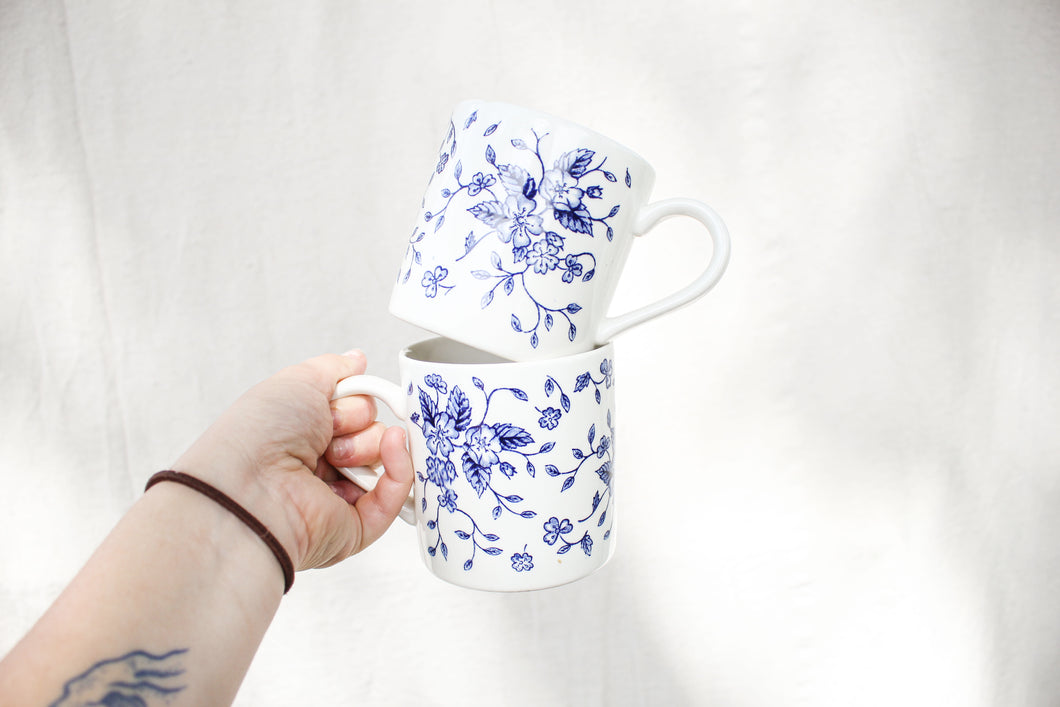 Pair of Blue and White Floral Mugs
