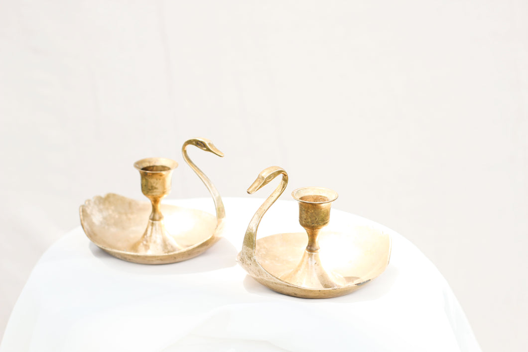 Pair of Vintage Brass Swan Candle Holders